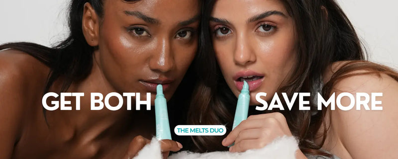 Two women holding Lipbalm with promotional text on a white background