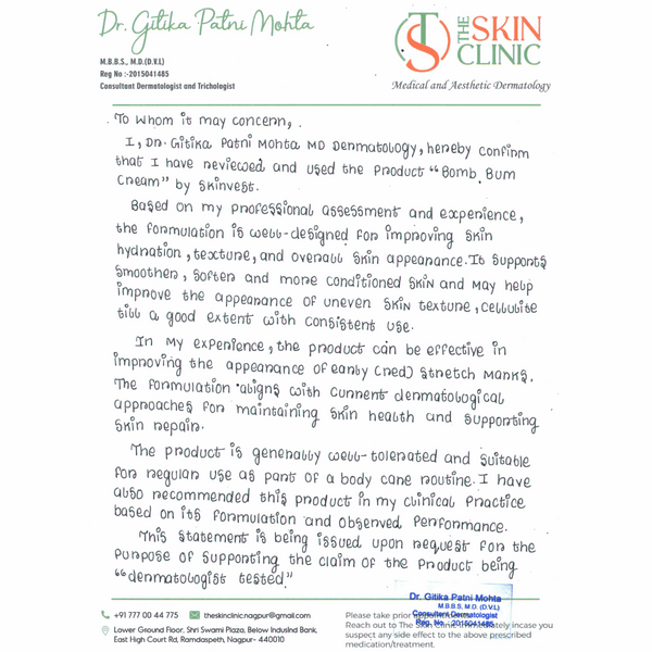 Letter from Dr. Gita Patni Mohla, Medical Aesthetic Dermatologist, The Skin Clinic regarding 'Bomb Bum Cream' by Sinseve.