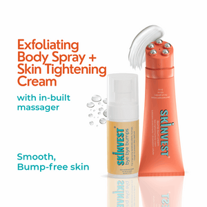 Skinvest exfoliating body spray and skin tightening cream with massage function on a white background