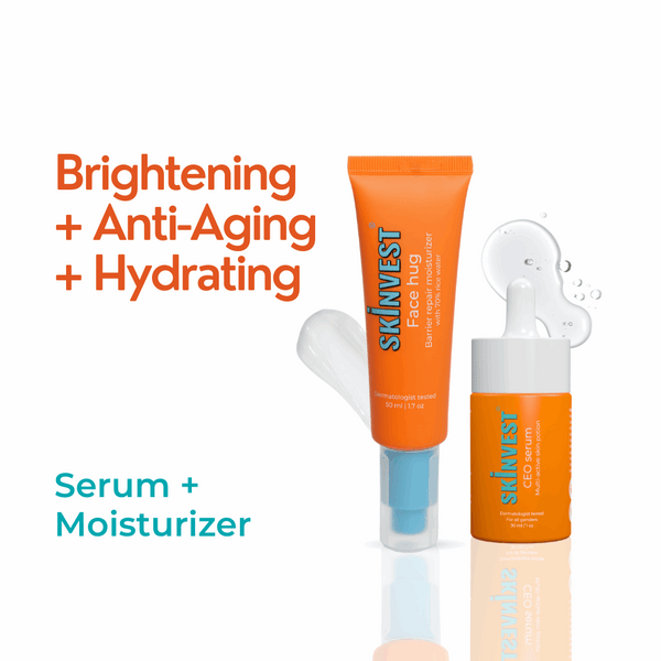 Two skincare products with 'Skinvest' branding on a white background, featuring text about product benefits.