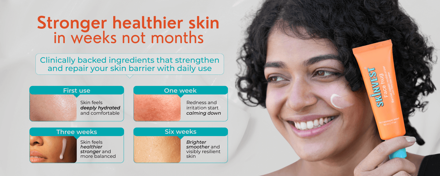 Woman holding a skincare product with text about skin health benefits