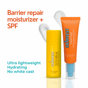Two skincare products with text highlighting barrier repair, moisturizer, SPF, and hydration benefits on a white background.