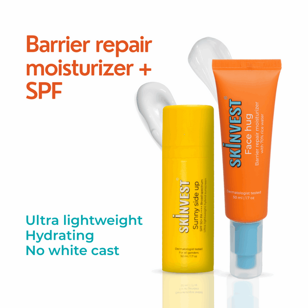 Two skincare products with text highlighting barrier repair, moisturizer, SPF, and hydration benefits on a white background.