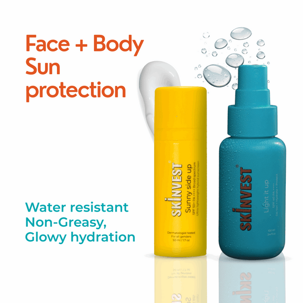 Yellow and blue skincare bottles with text about sun protection on a white background