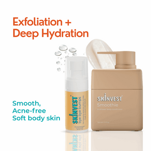 Two skincare products with 'skininvest' branding on a white background, featuring text about exfoliation and deep hydration.