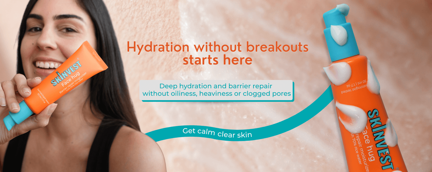 Woman holding skincare products with text about hydration and clear skin on a beige background
