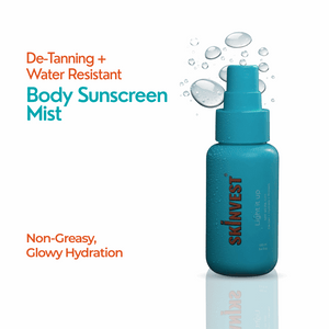 Skinvest Light It Up De-Tanning and Water Resistant Body Sunscreen Mist SPF 40 PA++++ in a teal spray bottle