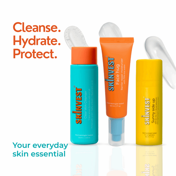 Three skincare products with 'skinvest' branding on a white background