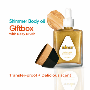 Gold shimmer body oil with a body brush on a white background, featuring the brand 'skinvest'.