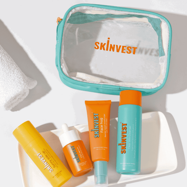 Skinvest Glow on the Go travel pouch with skincare minis
