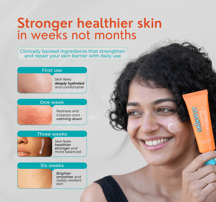 Woman holding a skincare product with text on stronger healthier skin improvement over time.