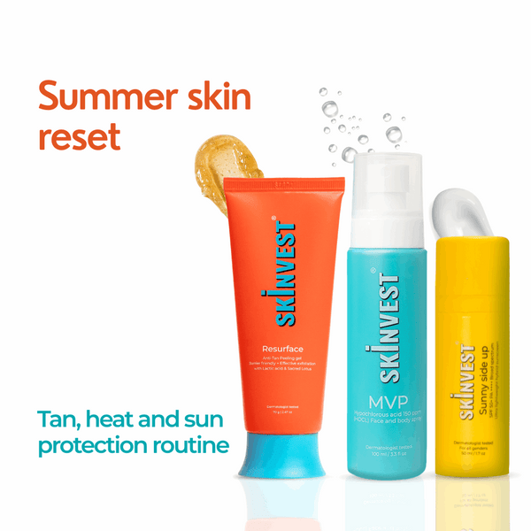 Three skincare products from Skinvest with 'Summer skin reset' text on a white background