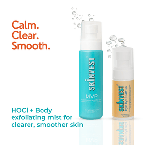 Two skincare products from Skinvest on a white background with text describing their benefits.