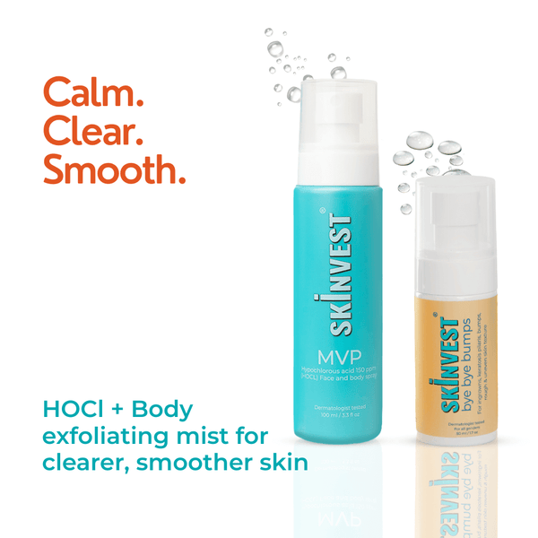 Two skincare products from Skinvest on a white background with text describing their benefits.