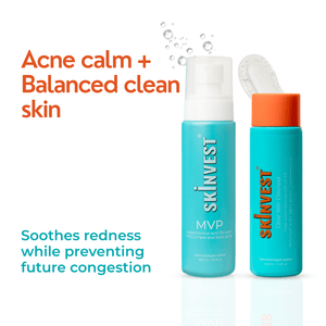 Two skincare bottles with text highlighting benefits on a white background