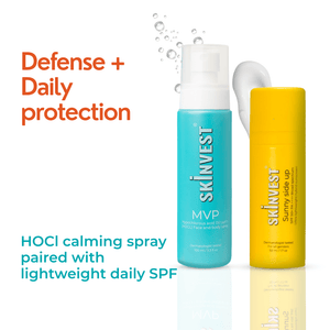 Two skincare products from skinvest on a white background with text about defense and daily protection.