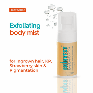 Exfoliating body mist bottle with text on a white background
