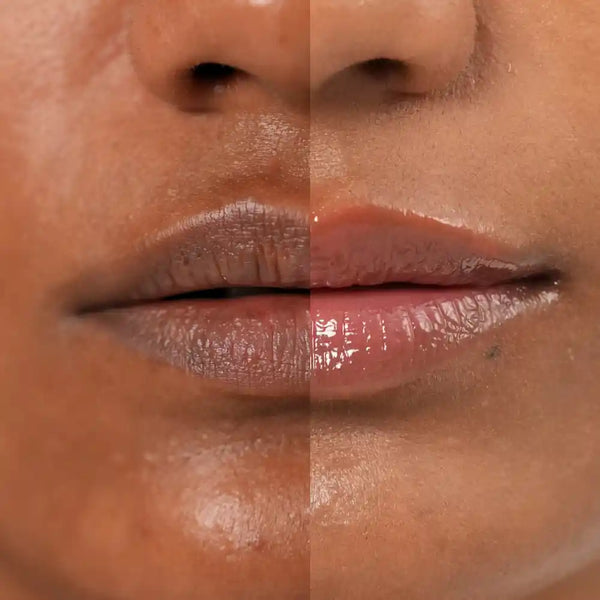 Close-up of lips with a split showing two different lipstick shades on a brown skin background.