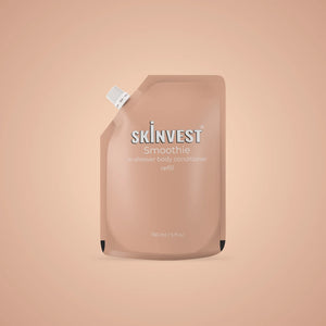 SKINVEST Smoothie in-shower body conditioner refill pouch on a beige background