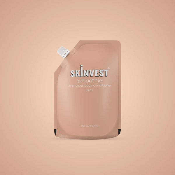 SKINVEST Smoothie in-shower body conditioner refill pouch on a beige background