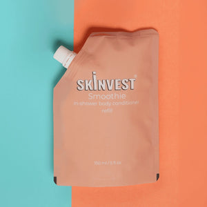 Skinvest Smoothie in-shower body conditioner refill pouch on a colorful background