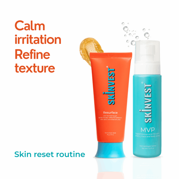 Two skincare products from Skinvest on a white background with text indicating their benefits.