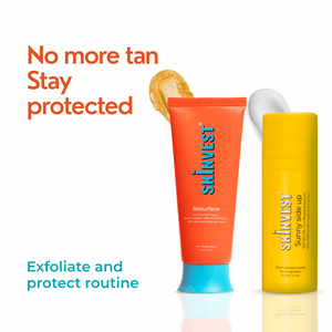 Two skincare products from Skinvest with text promoting sun protection and exfoliation.