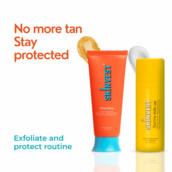 Two skincare products from Skinvest with text promoting sun protection and exfoliation.
