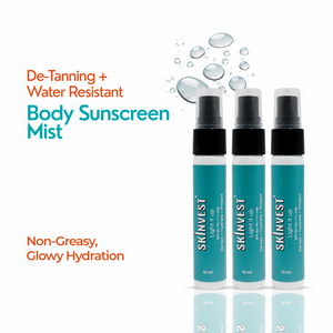 Three bottles of Skinvest body sunscreen mist on a white background with product details.