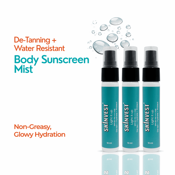 Three bottles of Skinvest body sunscreen mist on a white background with product details.