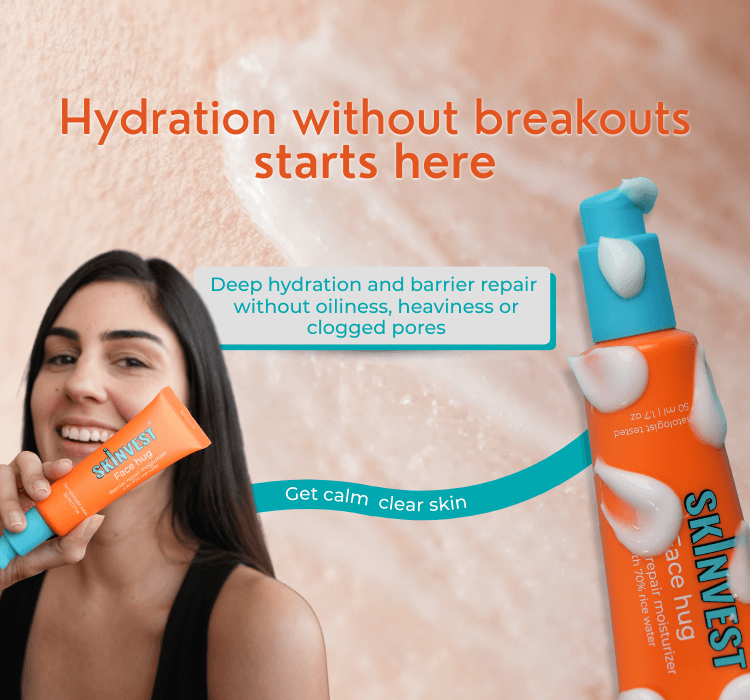 Woman holding a skincare product with text about hydration and clear skin on a beige background
