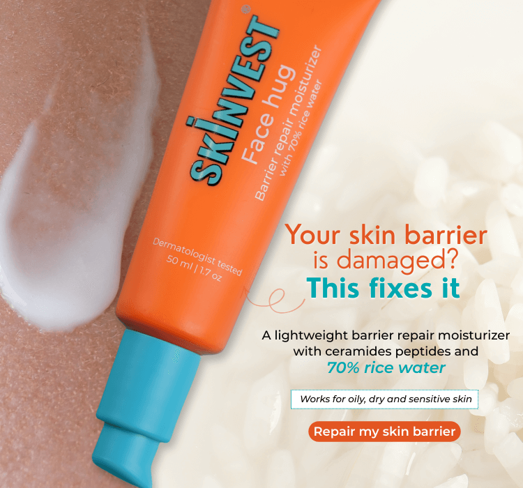 Skinvest Face Hug moisturizer tube with application on skin and rice water background