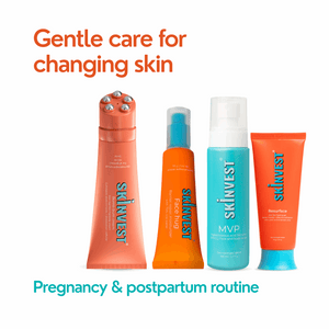 Skincare products with 'Skinvest' branding on a white background, featuring text about gentle care for changing skin.