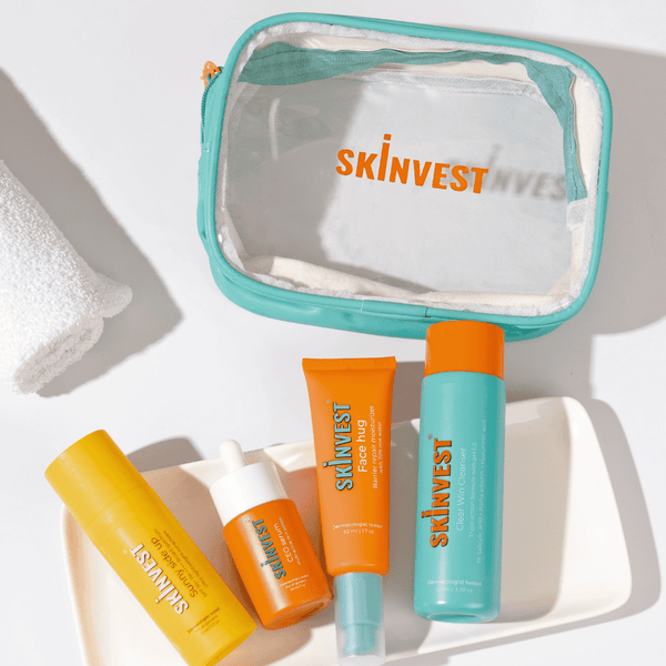 Skinvest Glow on the Go travel pouch with skincare minis