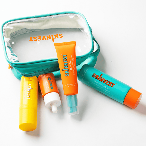 Skinvest Glow on the Go travel pouch with skincare minis