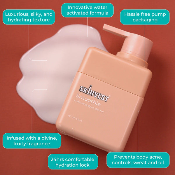 Skinvest Smoothie In-Shower Body Conditioner – silky water-activated formula with 24hr hydration lock, fruity fragrance, and body acne control
