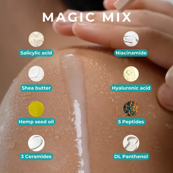 Skinvest Smoothie Body Conditioner Magic Mix – enriched with salicylic acid, niacinamide, hyaluronic acid, shea butter, peptides, ceramides, hemp seed oil, and panthenol