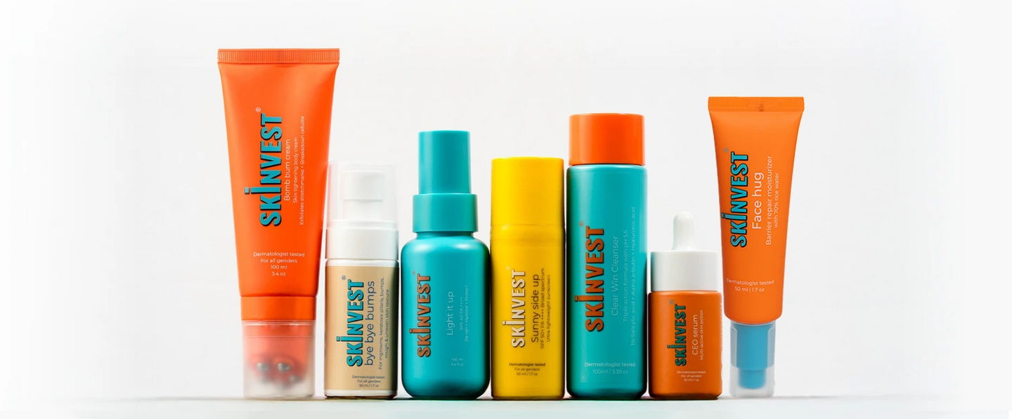 Full Skinvest skincare collection with body creams, serums, sunscreens, and cleansers