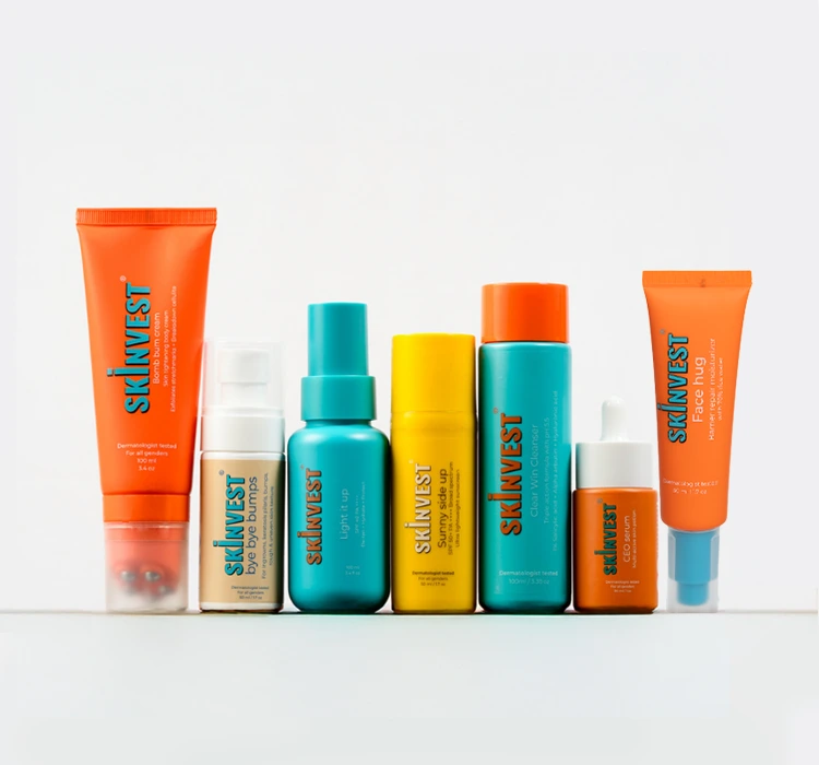 Full Skinvest skincare collection with body creams, serums, sunscreens, and cleansers